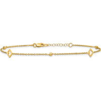 14K Yellow Gold Polished Cut-out Hearts and Diamond-cut Beads 10" Adjustable Anklet with Lobster Clasp