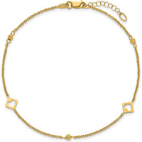 14K Yellow Gold Polished Cut-out Hearts and Diamond-cut Beads 10" Adjustable Anklet with Lobster Clasp