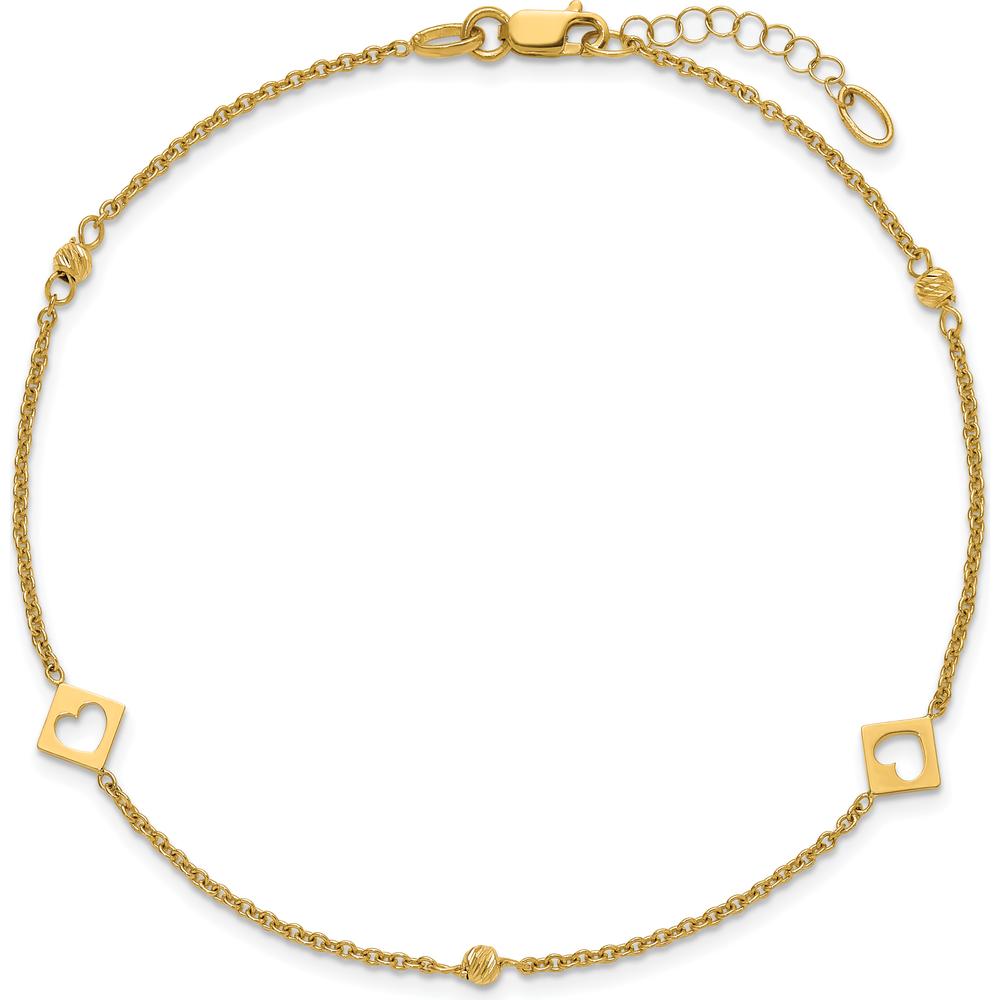 14K Yellow Gold Polished Cut-out Hearts and Diamond-cut Beads 10" Adjustable Anklet with Lobster Clasp