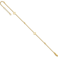14K Yellow Gold Polished Cut-out Hearts and Diamond-cut Beads 10" Adjustable Anklet with Lobster Clasp