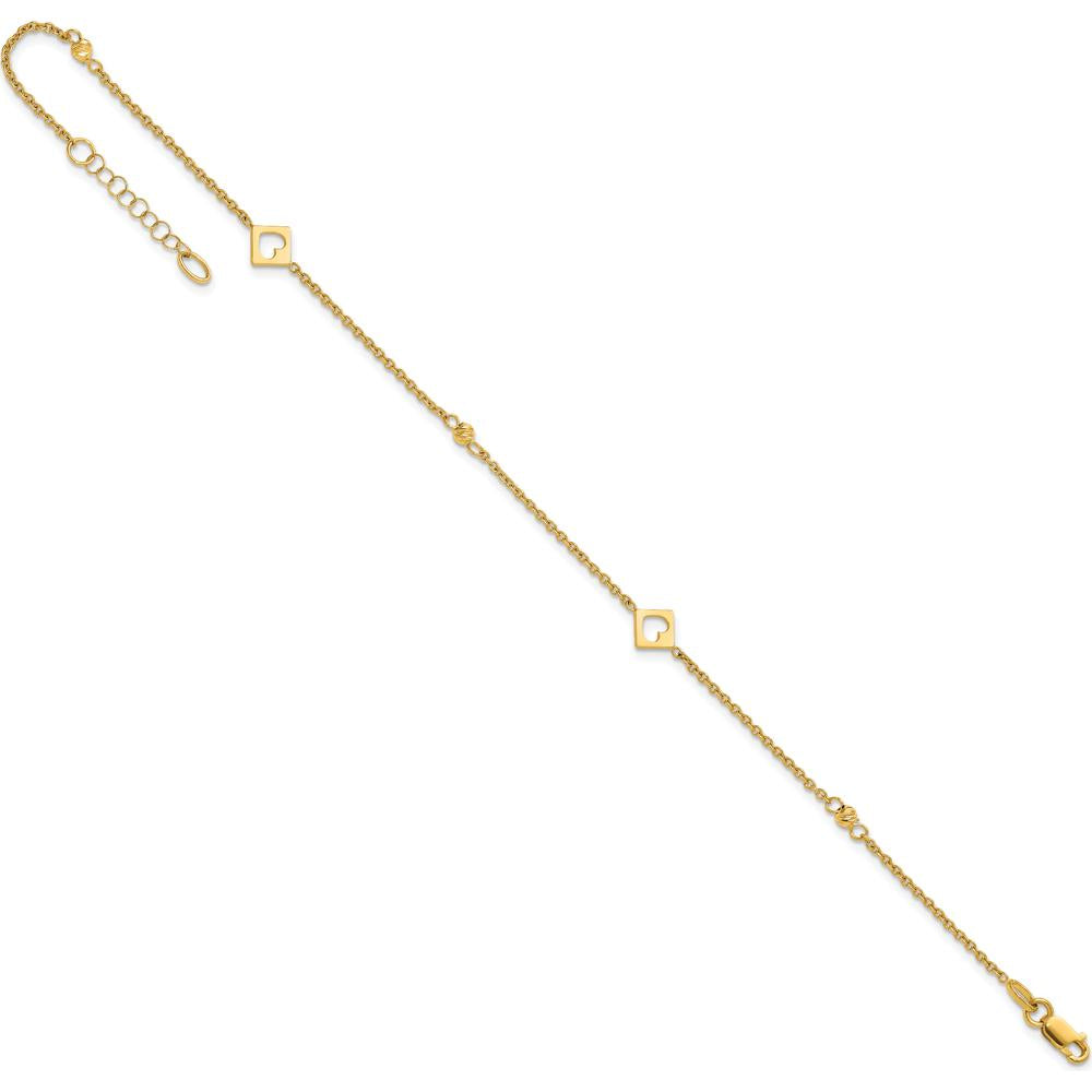 14K Yellow Gold Polished Cut-out Hearts and Diamond-cut Beads 10" Adjustable Anklet with Lobster Clasp