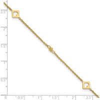 14K Yellow Gold Polished Cut-out Hearts and Diamond-cut Beads 10" Adjustable Anklet with Lobster Clasp