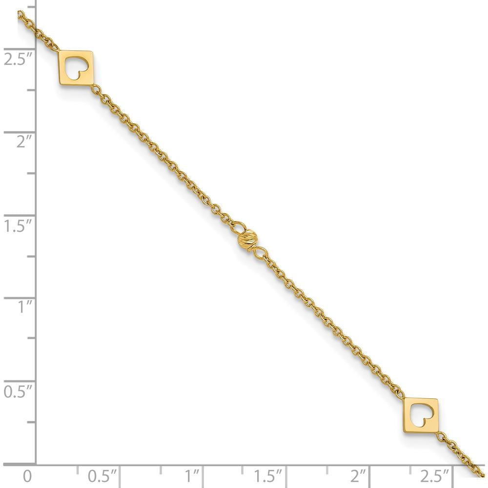 14K Yellow Gold Polished Cut-out Hearts and Diamond-cut Beads 10" Adjustable Anklet with Lobster Clasp
