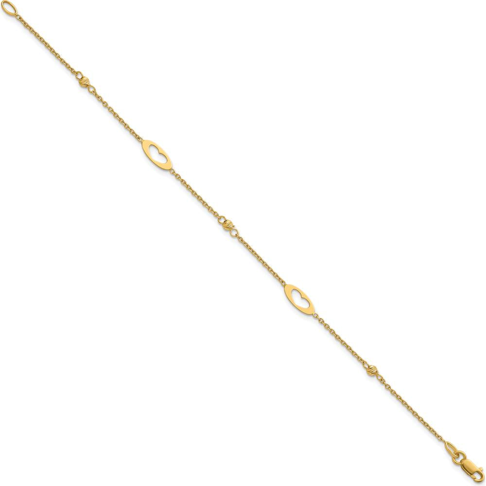 14K Yellow Gold Polished Cut-out Hearts and Diamond-Cut Beads 7.5" Bracelet by 0
