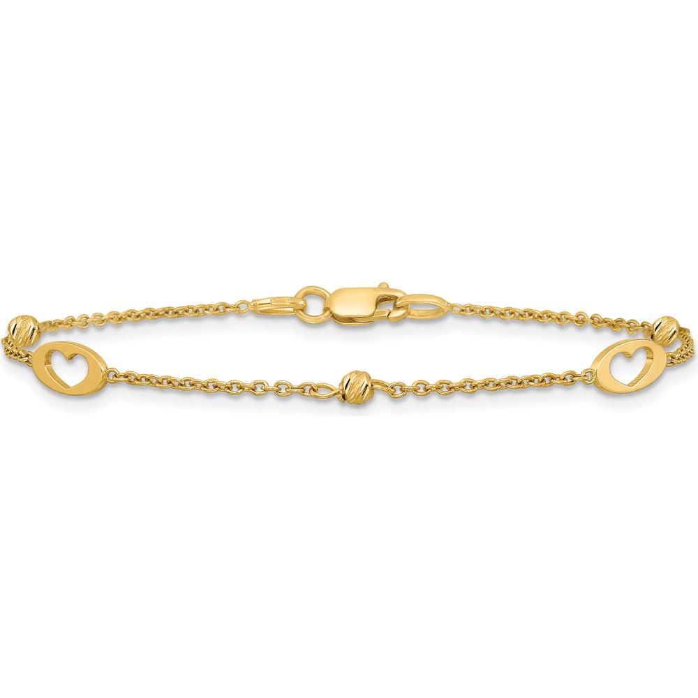 14K Yellow Gold Polished Cut-out Hearts and Diamond-Cut Beads 7.5" Bracelet by 0