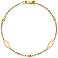 14K Yellow Gold Polished Cut-out Hearts and Diamond-Cut Beads 7.5" Bracelet by 0