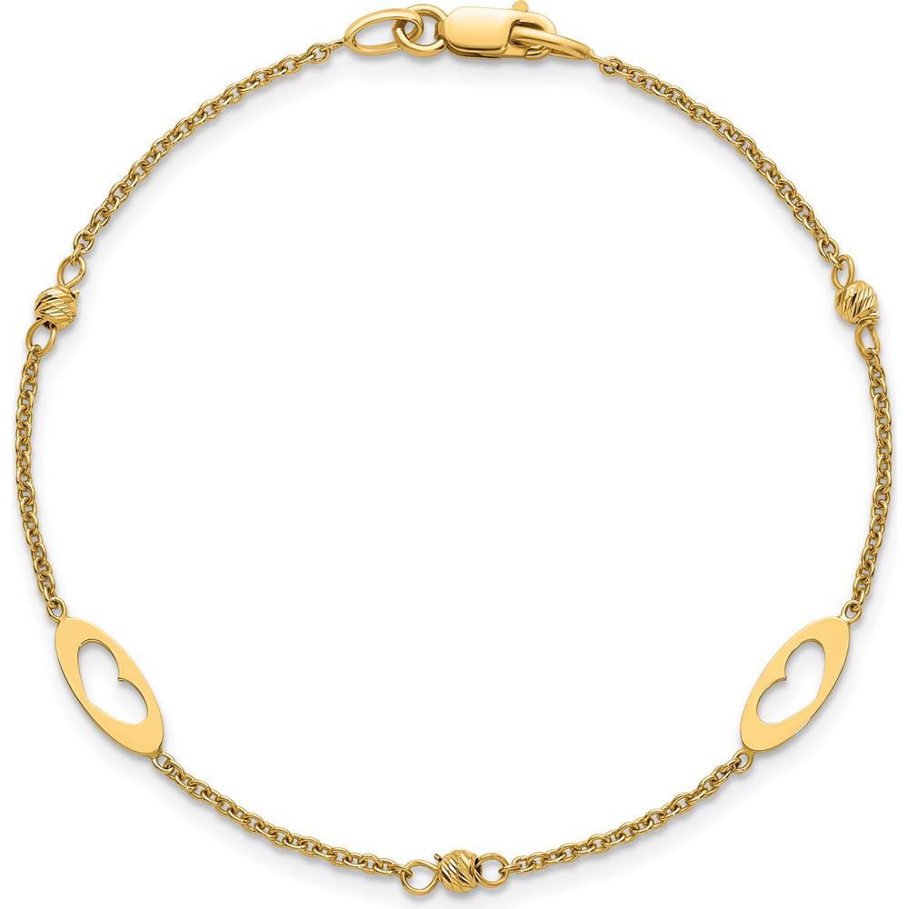 14K Yellow Gold Polished Cut-out Hearts and Diamond-Cut Beads 7.5" Bracelet by 0