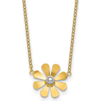 14K Yellow Gold Polished Daisy Necklace with White Rhodium Center - 16" with 2" Extender by 0