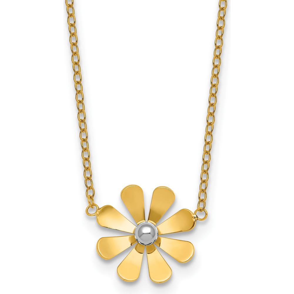 14K Yellow Gold Polished Daisy Necklace with White Rhodium Center - 16" with 2" Extender by 0