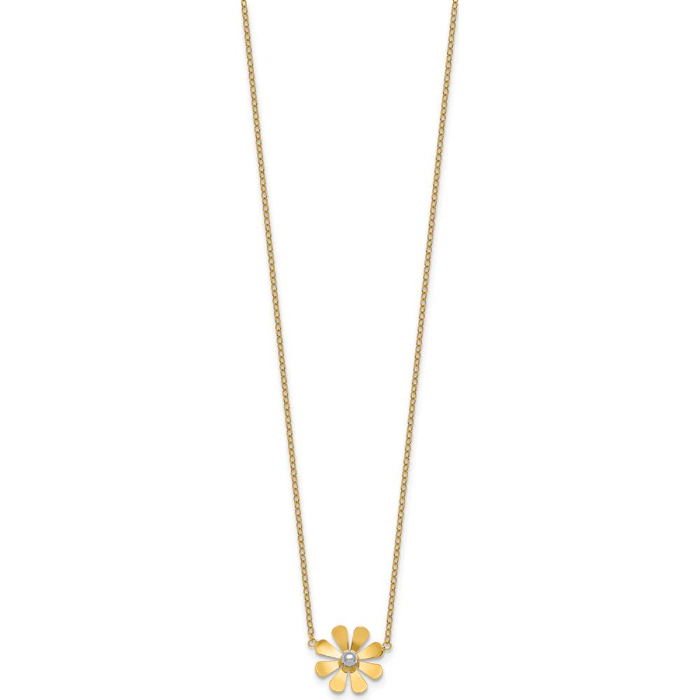 14K Yellow Gold Polished Daisy Necklace with White Rhodium Center - 16" with 2" Extender by 0