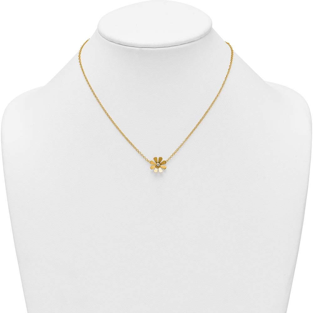14K Yellow Gold Polished Daisy Necklace with White Rhodium Center - 16" with 2" Extender by 0