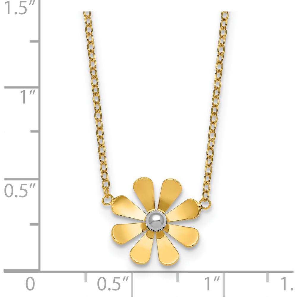 14K Yellow Gold Polished Daisy Necklace with White Rhodium Center - 16" with 2" Extender by 0