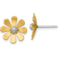 14K Yellow Gold Polished Daisy Post Earrings with White Rhodium Center - 13.3mm Length by 0
