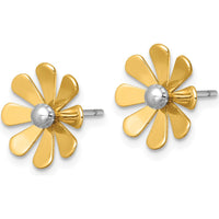 14K Yellow Gold Polished Daisy Post Earrings with White Rhodium Center - 13.3mm Length by 0