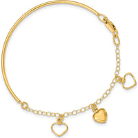 14K Yellow Gold Polished Dangle Heart Chain Half Bangle Bracelet - 7" Length by 0