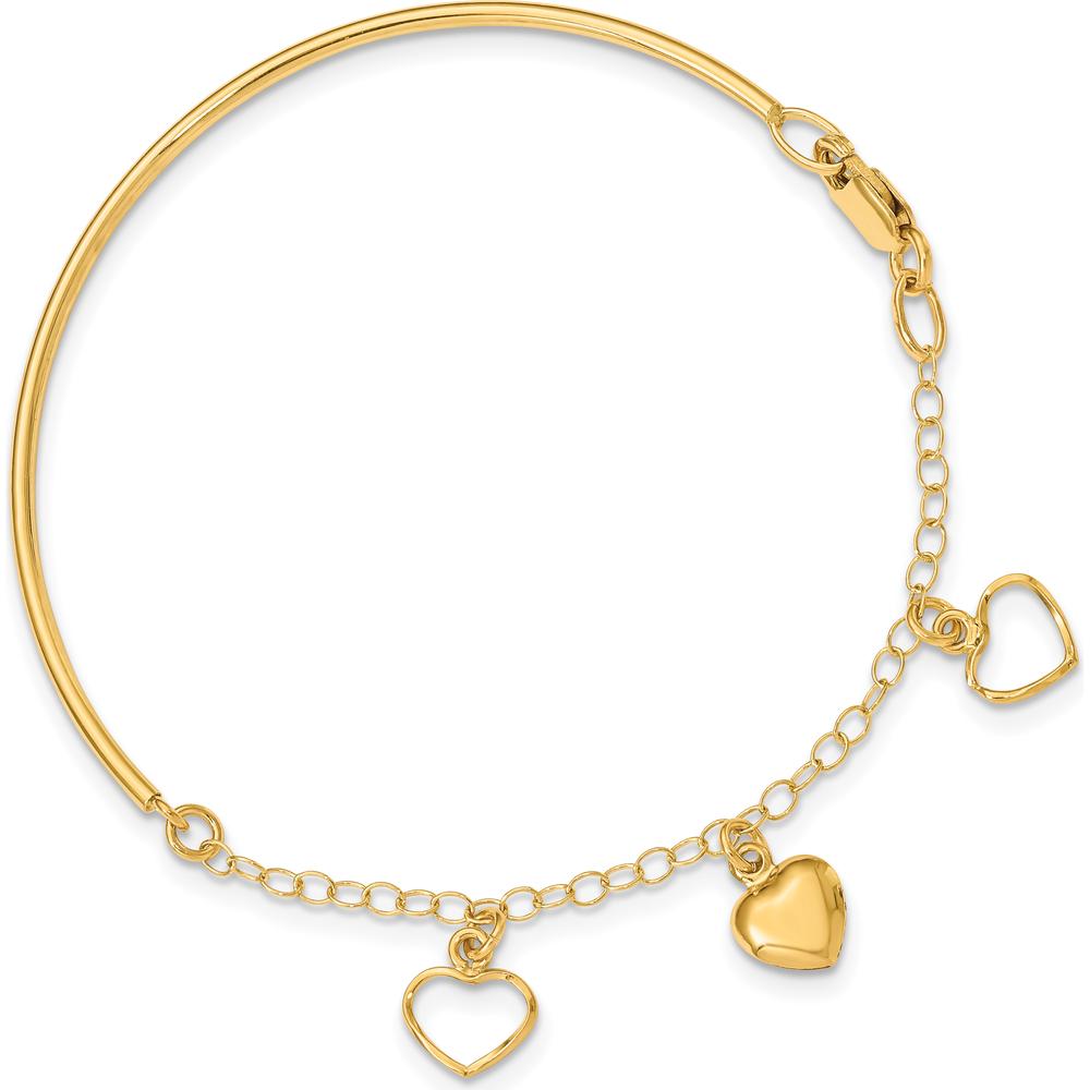 14K Yellow Gold Polished Dangle Heart Chain Half Bangle Bracelet - 7" Length by 0