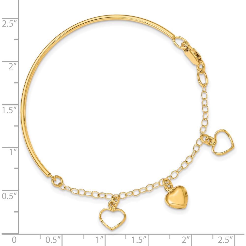 14K Yellow Gold Polished Dangle Heart Chain Half Bangle Bracelet - 7" Length by 0