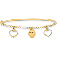 14K Yellow Gold Polished Dangle Heart Chain Half Bangle Bracelet - 7" Length by 0