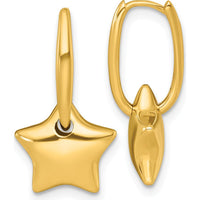 14K Yellow Gold Polished Dangle Puffed Star Hinged Hoop Earrings - 21.9mm Length by 0