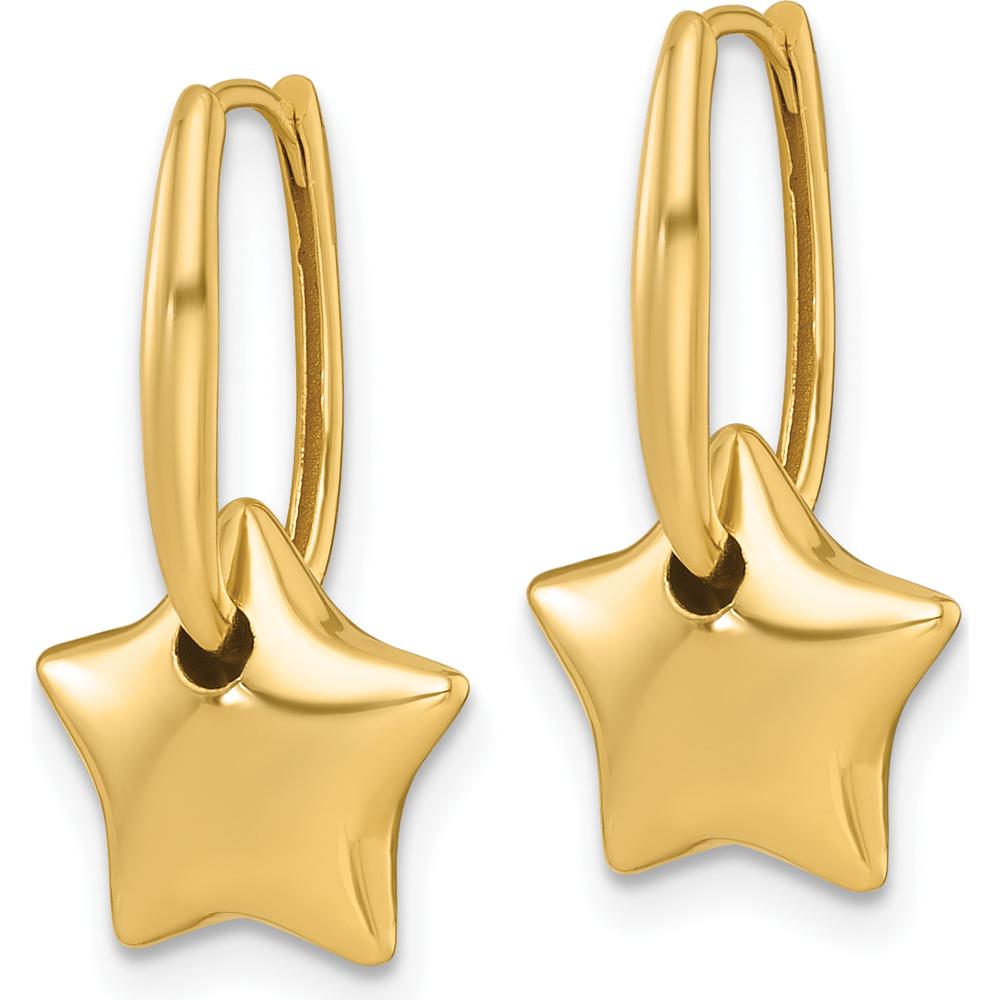 14K Yellow Gold Polished Dangle Puffed Star Hinged Hoop Earrings - 21.9mm Length by 0