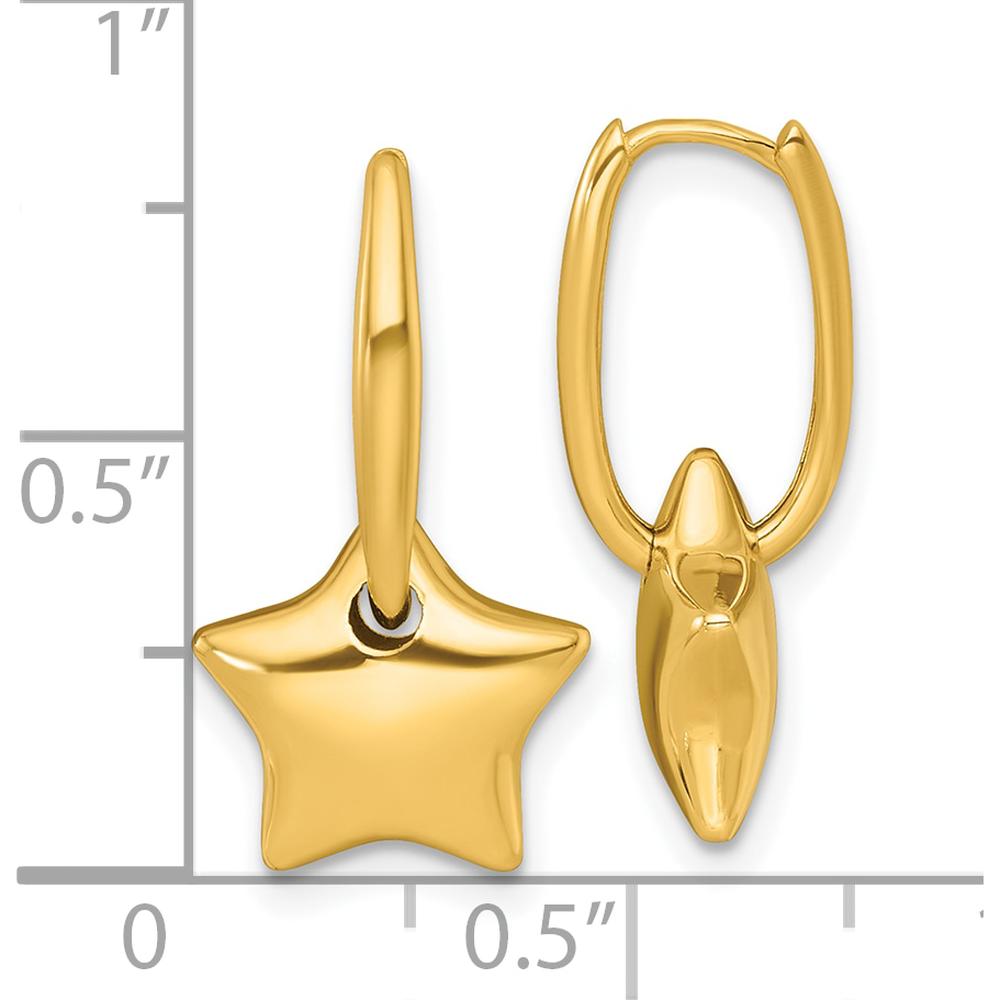 14K Yellow Gold Polished Dangle Puffed Star Hinged Hoop Earrings - 21.9mm Length by 0