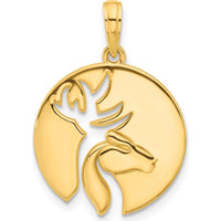 14K Yellow Gold Polished Deer Head Circle Pendant with Textured Back by Oro Pregiato