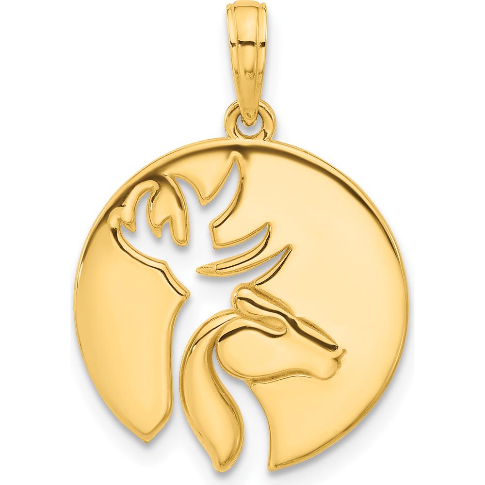 14K Yellow Gold Polished Deer Head Circle Pendant with Textured Back by Oro Pregiato