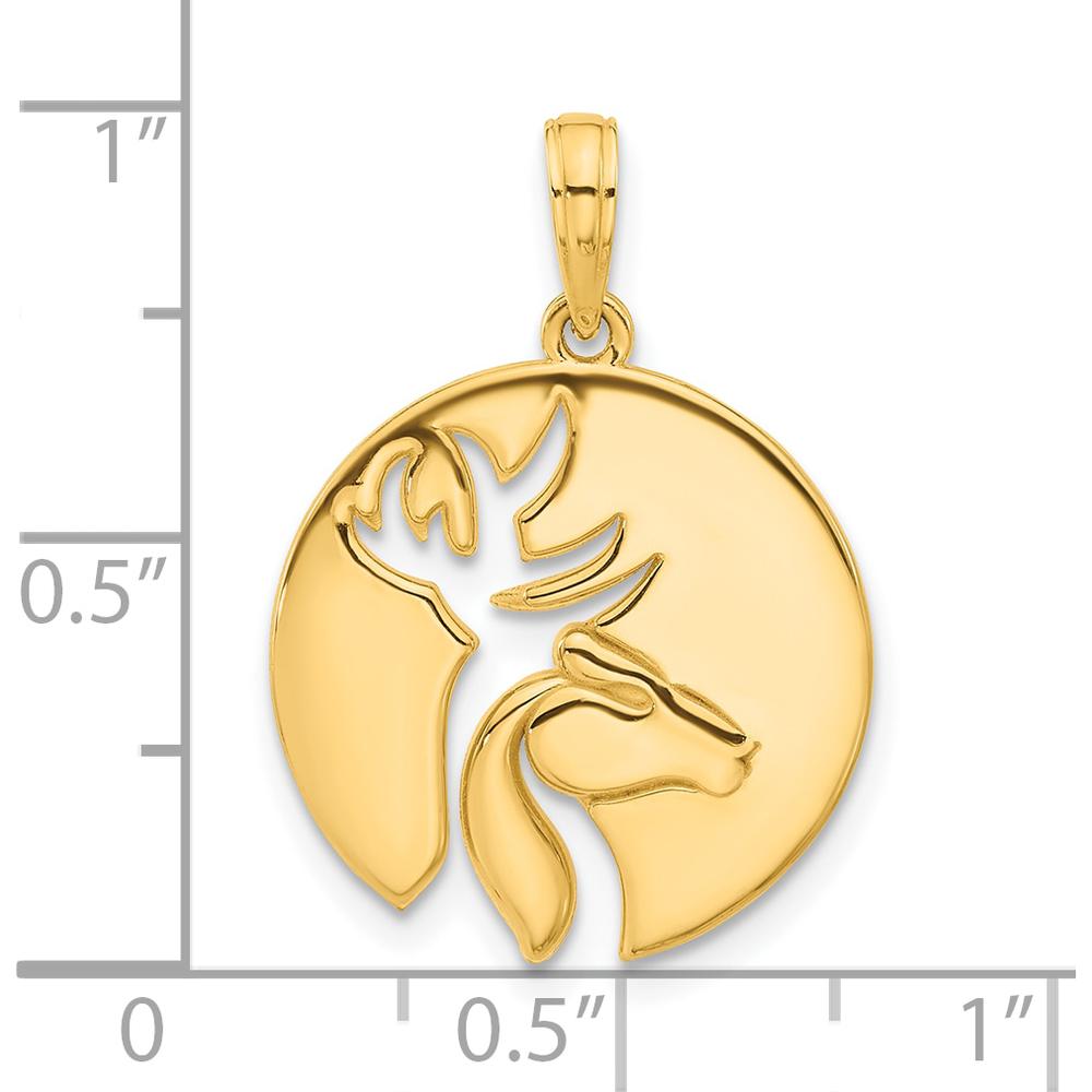 14K Yellow Gold Polished Deer Head Circle Pendant with Textured Back by Oro Pregiato