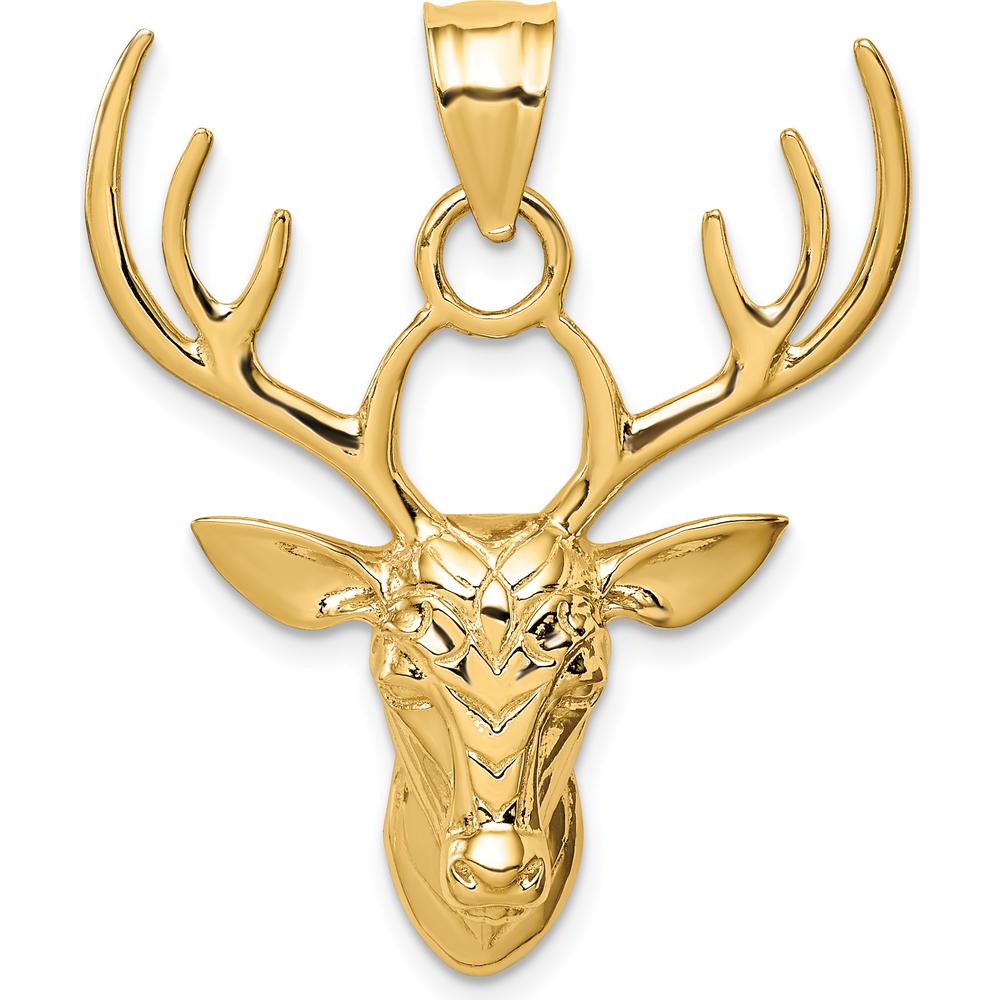 14K Yellow Gold Polished Deer Head Pendant - Nature-Inspired Charm with Bold Antler Design by Oro Pregiato