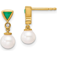 14K Yellow Gold Polished Diamond and Emerald Pearl Dangle Earrings - 1.10 Carats Total Gem Weight by Monteluci Fine Jewelry