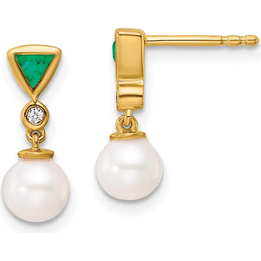 14K Yellow Gold Polished Diamond and Emerald Pearl Dangle Earrings - 1.10 Carats Total Gem Weight by Monteluci Fine Jewelry