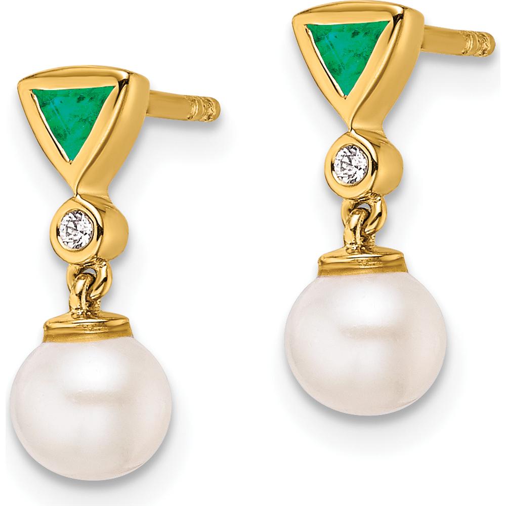 14K Yellow Gold Polished Diamond and Emerald Pearl Dangle Earrings - 1.10 Carats Total Gem Weight by Monteluci Fine Jewelry