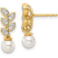 14K Yellow Gold Polished Diamond and Freshwater Cultured Pearl Leaf Design Dangle Post Earrings - 1/10 Carats Total Diamond Weight by Monteluci Fine Jewelry