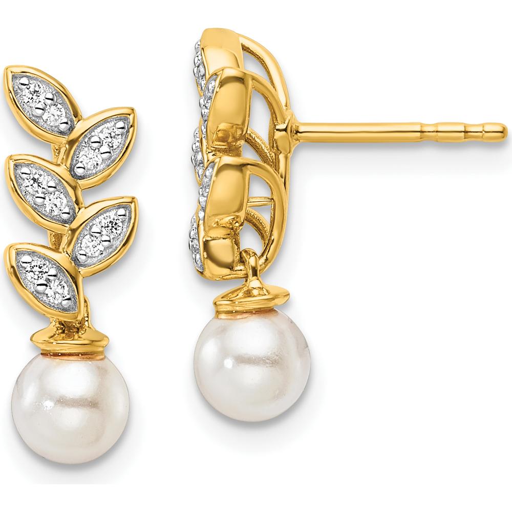 14K Yellow Gold Polished Diamond and Freshwater Cultured Pearl Leaf Design Dangle Post Earrings - 1/10 Carats Total Diamond Weight by Monteluci Fine Jewelry