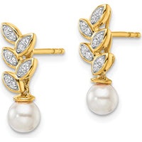 14K Yellow Gold Polished Diamond and Freshwater Cultured Pearl Leaf Design Dangle Post Earrings - 1/10 Carats Total Diamond Weight by Monteluci Fine Jewelry