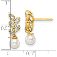 14K Yellow Gold Polished Diamond and Freshwater Cultured Pearl Leaf Design Dangle Post Earrings - 1/10 Carats Total Diamond Weight by Monteluci Fine Jewelry