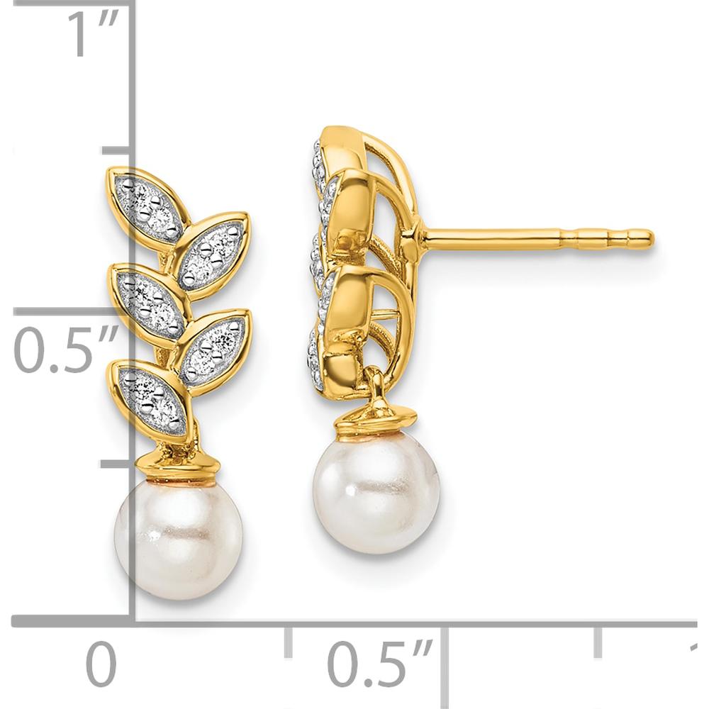 14K Yellow Gold Polished Diamond and Freshwater Cultured Pearl Leaf Design Dangle Post Earrings - 1/10 Carats Total Diamond Weight by Monteluci Fine Jewelry