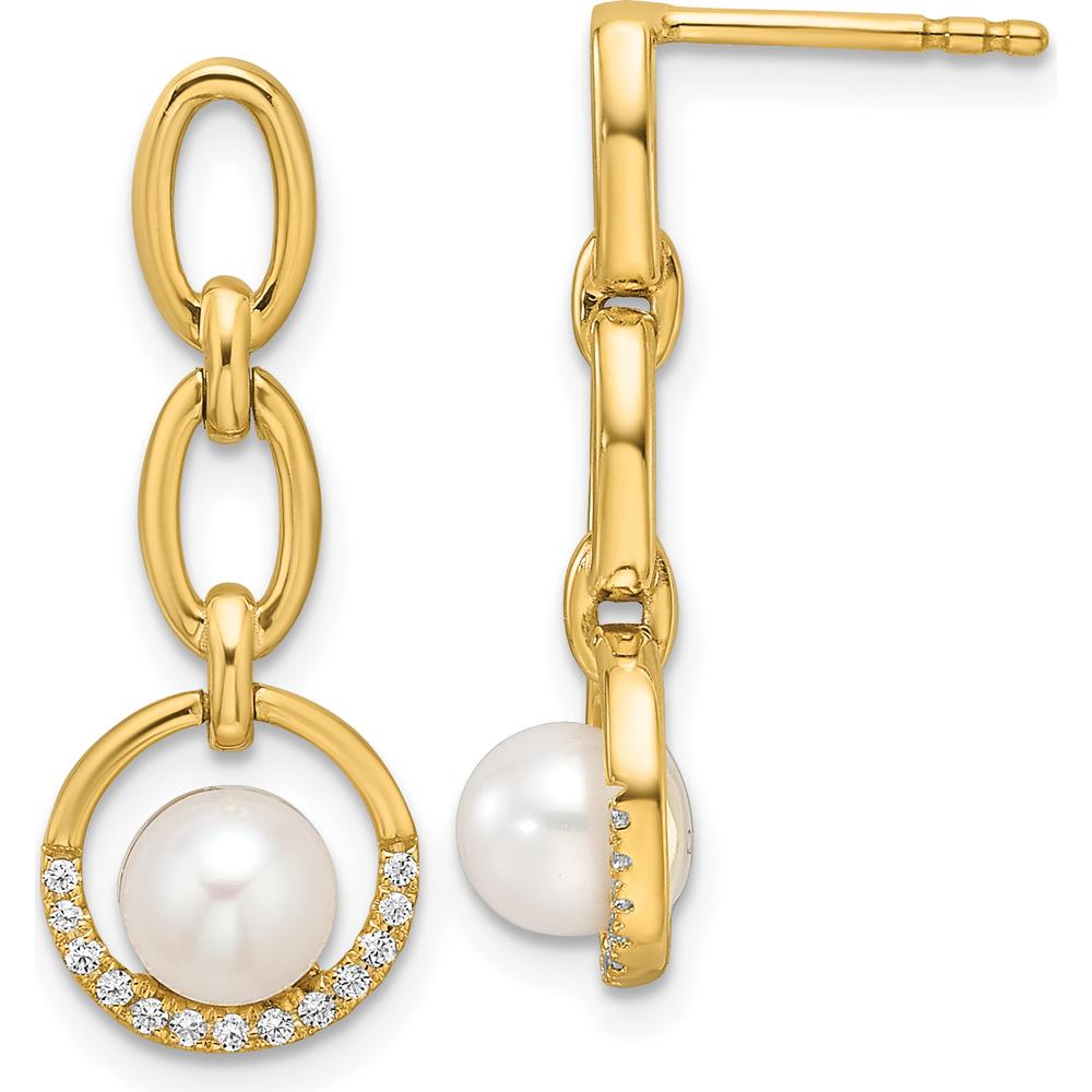 14K Yellow Gold Polished Diamond and Freshwater Cultured Pearl Open Circle Dangle Earrings - 1/10 Carat Total Diamond Weight by Monteluci Fine Jewelry