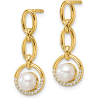 14K Yellow Gold Polished Diamond and Freshwater Cultured Pearl Open Circle Dangle Earrings - 1/10 Carat Total Diamond Weight by Monteluci Fine Jewelry