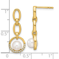 14K Yellow Gold Polished Diamond and Freshwater Cultured Pearl Open Circle Dangle Earrings - 1/10 Carat Total Diamond Weight by Monteluci Fine Jewelry