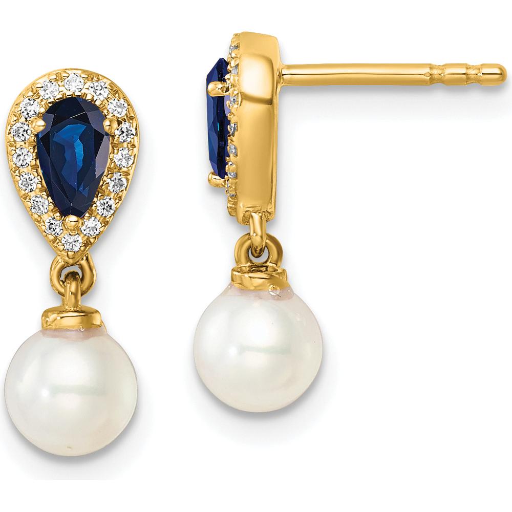14K Yellow Gold Polished Diamond and Sapphire Drop Earrings with Freshwater Pearls - 1.20 Carat Total Gem Weight by Monteluci Fine Jewelry