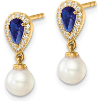 14K Yellow Gold Polished Diamond and Sapphire Drop Earrings with Freshwater Pearls - 1.20 Carat Total Gem Weight by Monteluci Fine Jewelry
