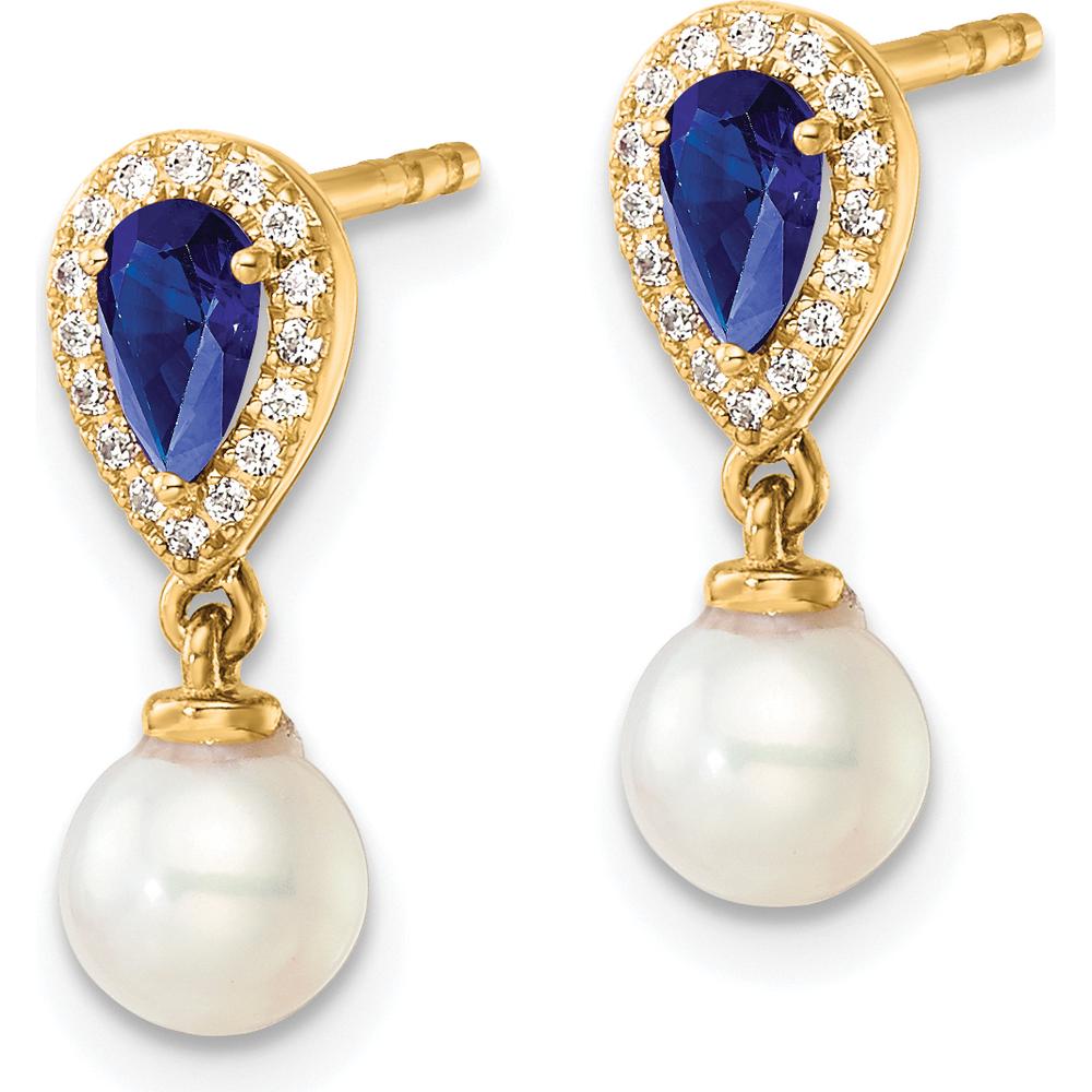 14K Yellow Gold Polished Diamond and Sapphire Drop Earrings with Freshwater Pearls - 1.20 Carat Total Gem Weight by Monteluci Fine Jewelry