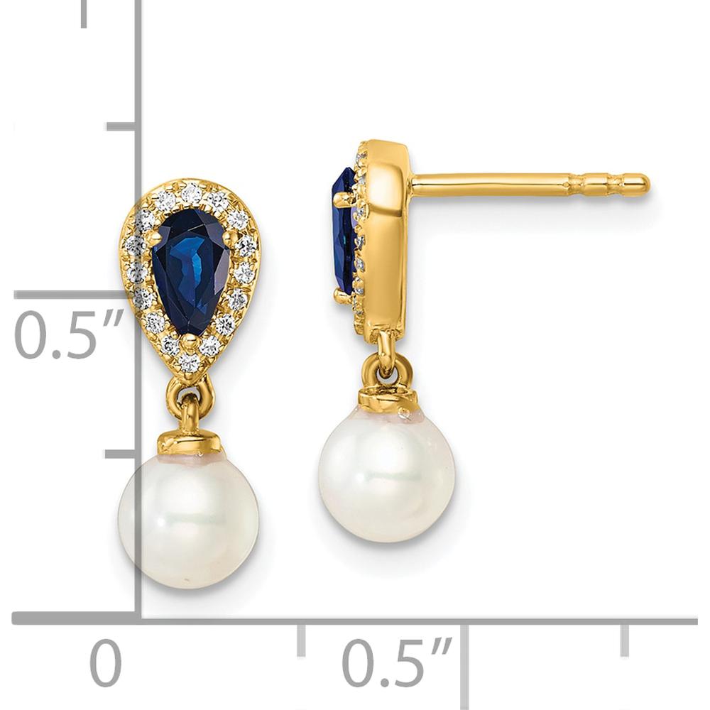14K Yellow Gold Polished Diamond and Sapphire Drop Earrings with Freshwater Pearls - 1.20 Carat Total Gem Weight by Monteluci Fine Jewelry