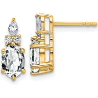 14K Yellow Gold Polished Diamond and White Topaz Drop Earrings with Marquise and Oval Cut Stones - 0.12 Carat Total Diamond Weight, 0.068 Carat Total White Topaz Weight by Oro Pregiato