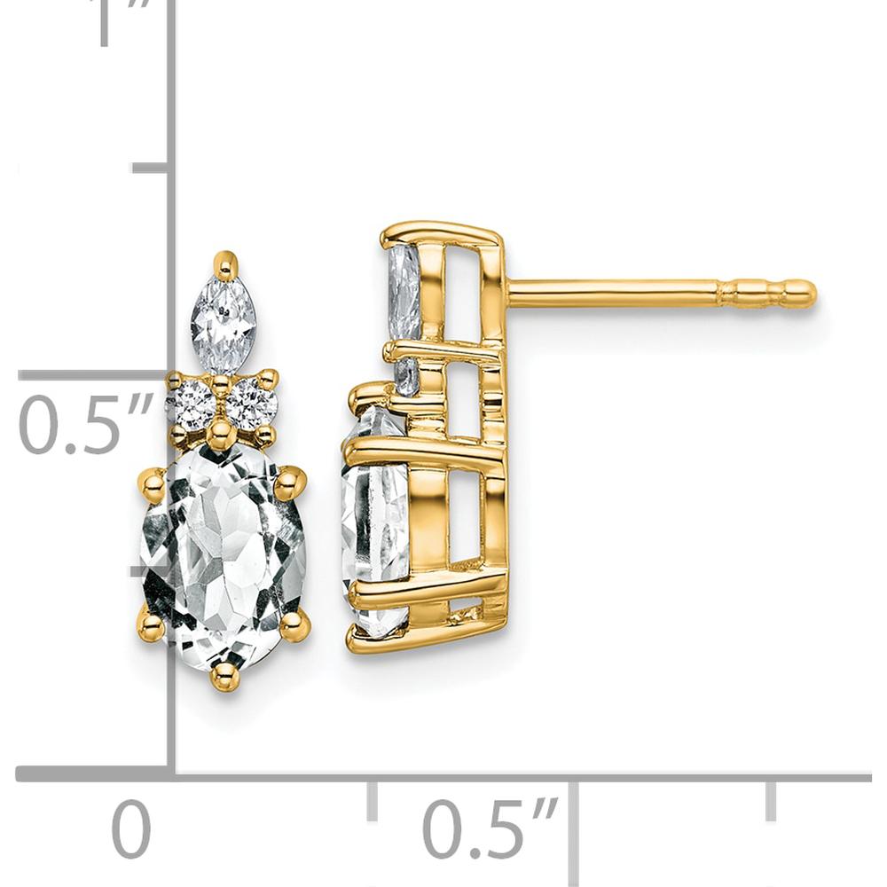 14K Yellow Gold Polished Diamond and White Topaz Drop Earrings with Marquise and Oval Cut Stones - 0.12 Carat Total Diamond Weight, 0.068 Carat Total White Topaz Weight by Oro Pregiato