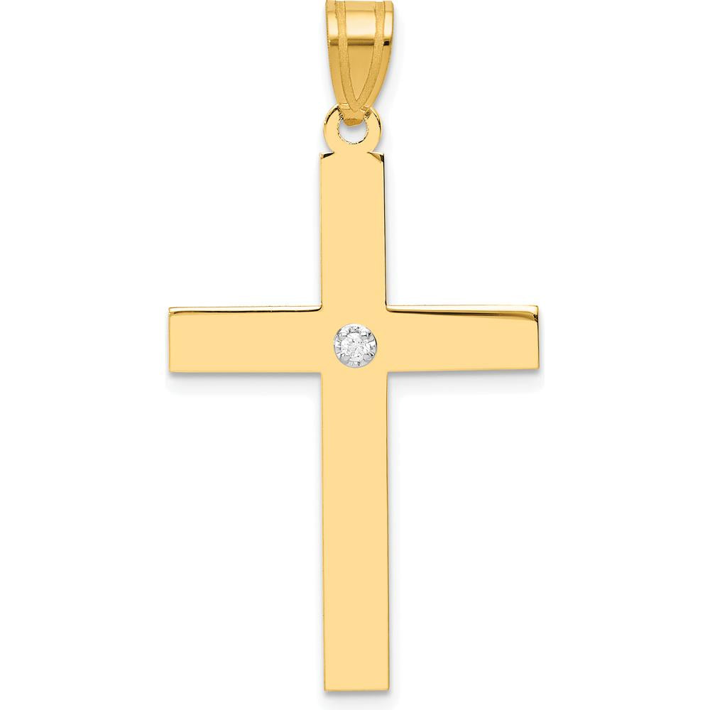 14K Yellow Gold Polished Diamond Cross Pendant with Round Diamond - 0.02 Carat Total Diamond Weight by Oro Pregiato