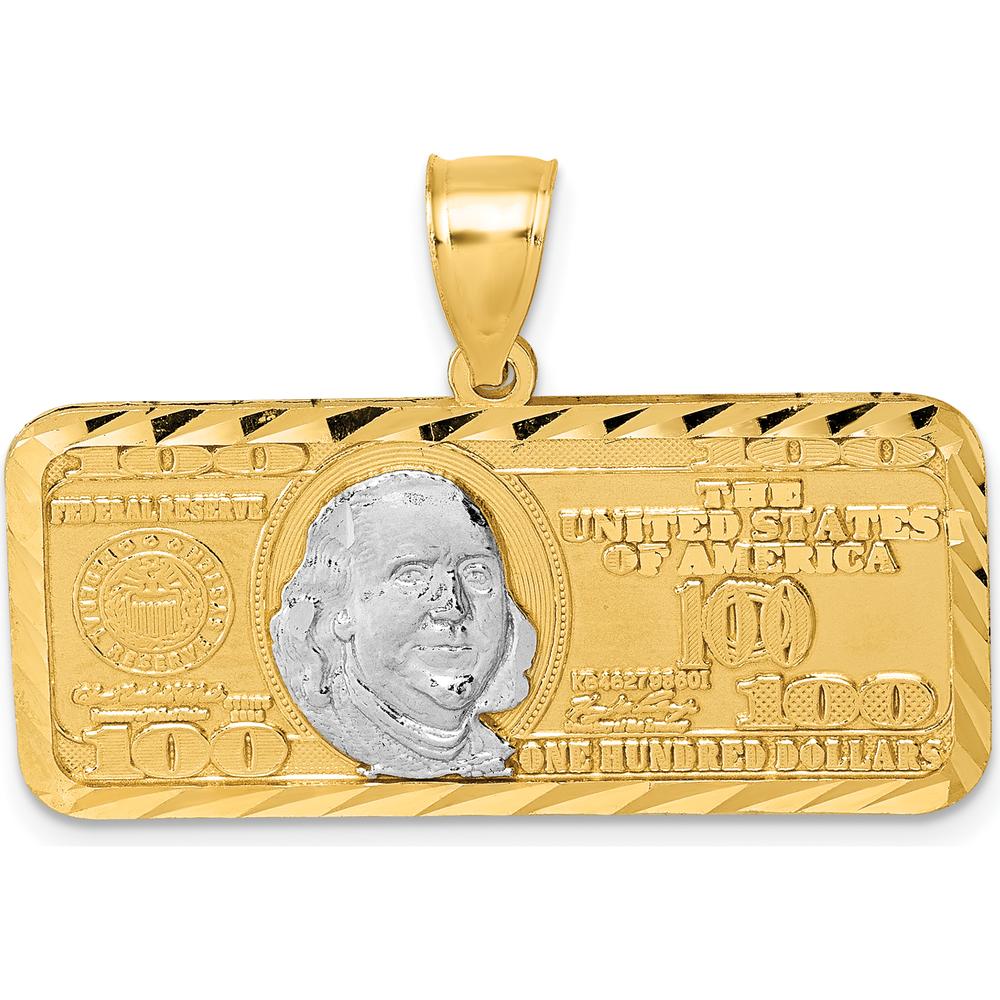 14K Yellow Gold Polished Diamond-Cut $100 Bill Pendant with Rhodium Accents by Oro Pregiato