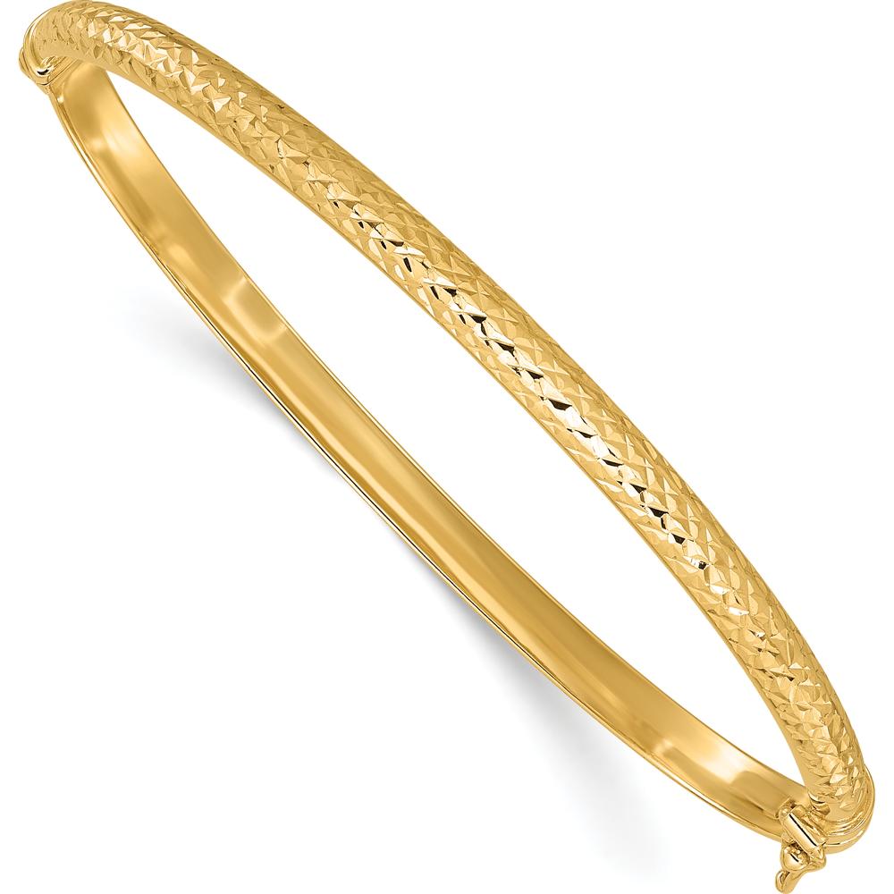 14K Yellow Gold Polished Diamond-Cut 4.00mm Hinged Oval Bangle Bracelet by Oro Pregiato