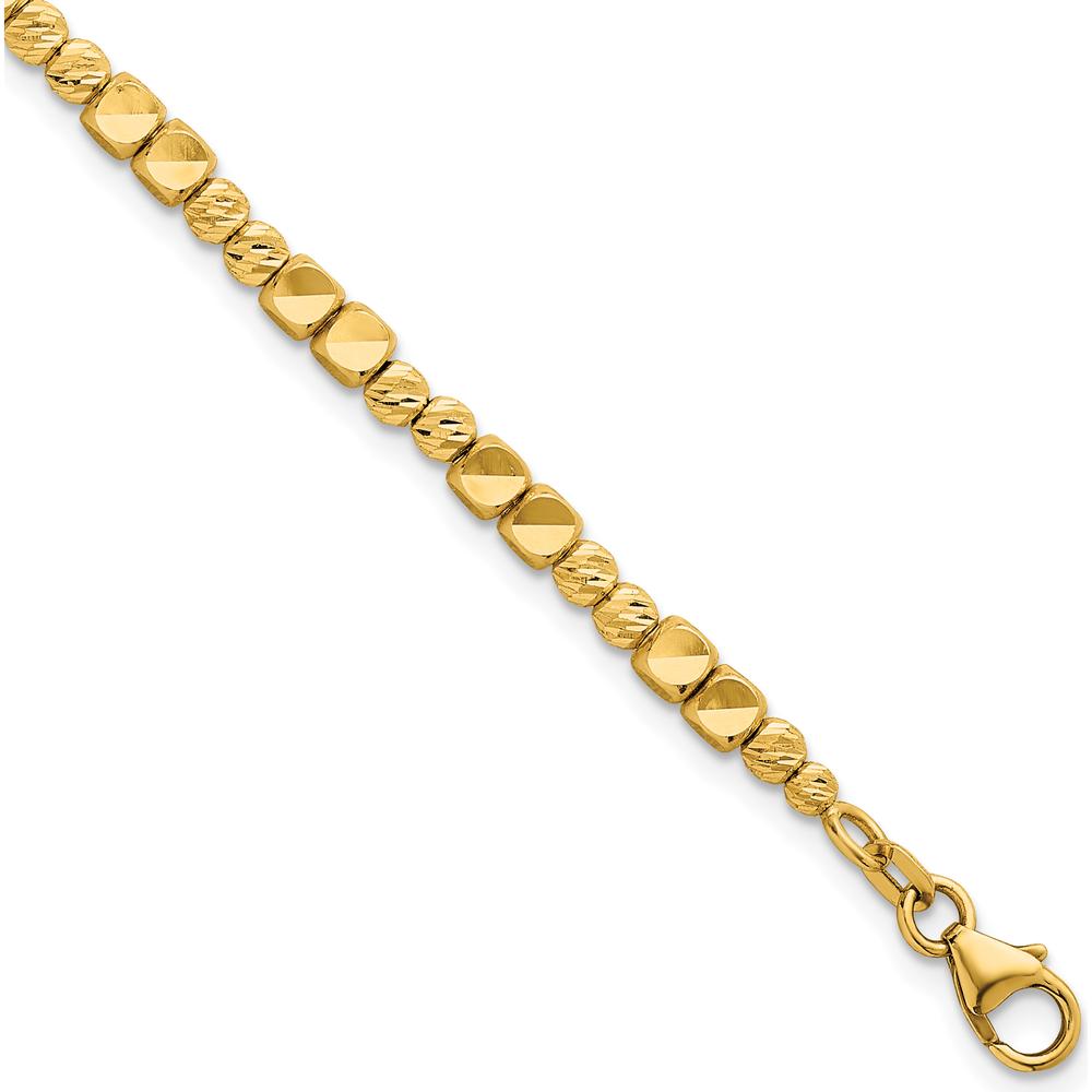 14K Yellow Gold Polished Diamond-Cut and Square Beaded 7" Bracelet with Lobster Clasp by Oro Pregiato